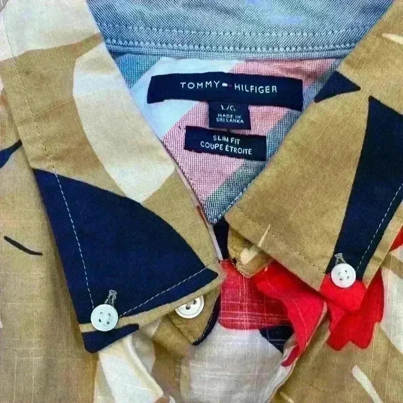 Tommy Hilfiger Scott tropical print tan blue red button down slim fit shirt - Picture 3 of 3